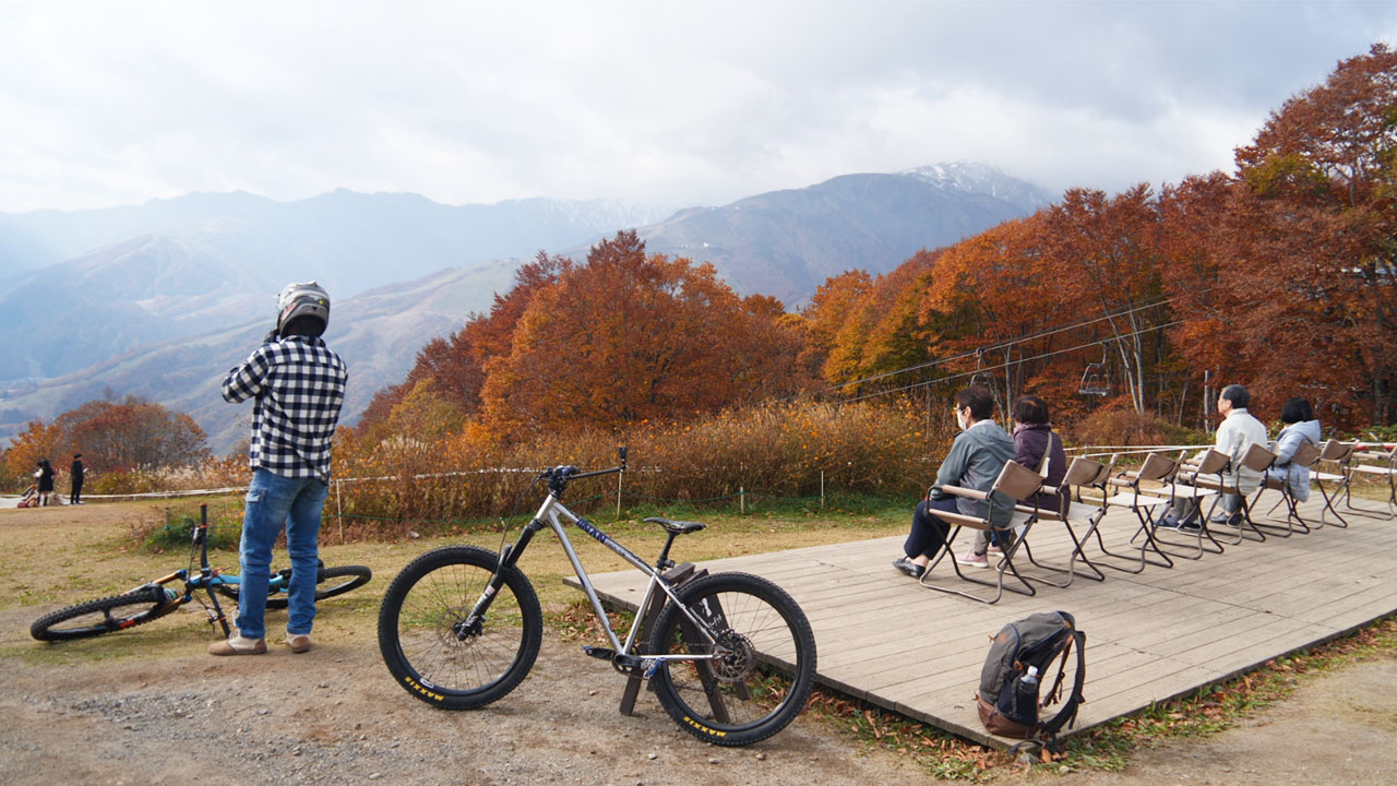 Hakuba Iwatake Mountain Resort in autumn - gondola station and mountain bike trails visible