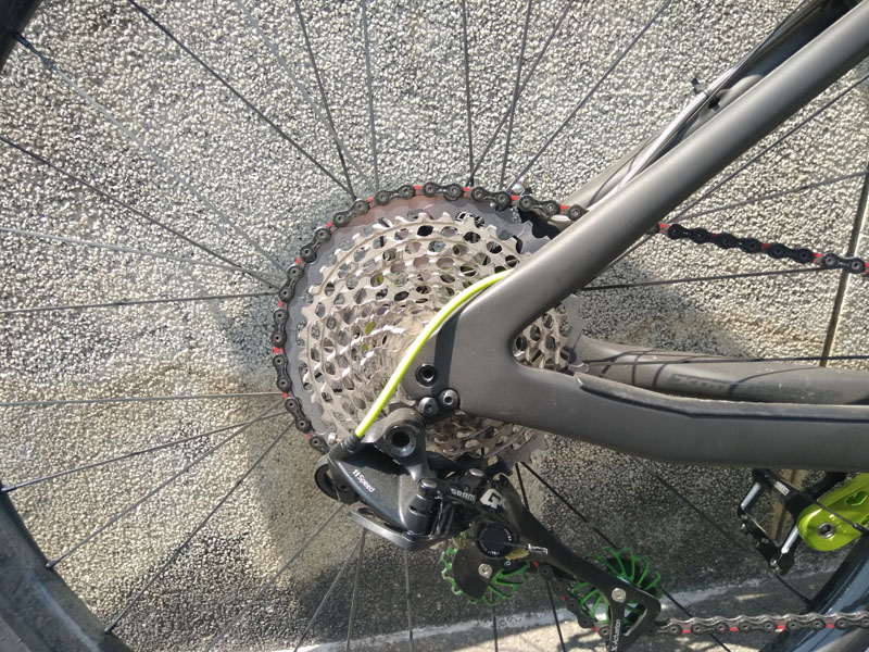 Close up of a bicycle cassette positioned on the largest 42 tooth cog