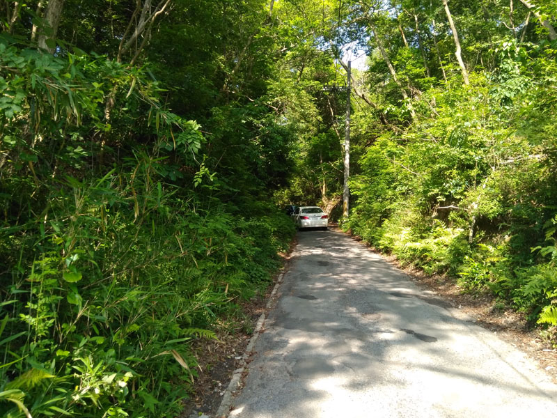A car slowly navigating up the terribly narrow road
